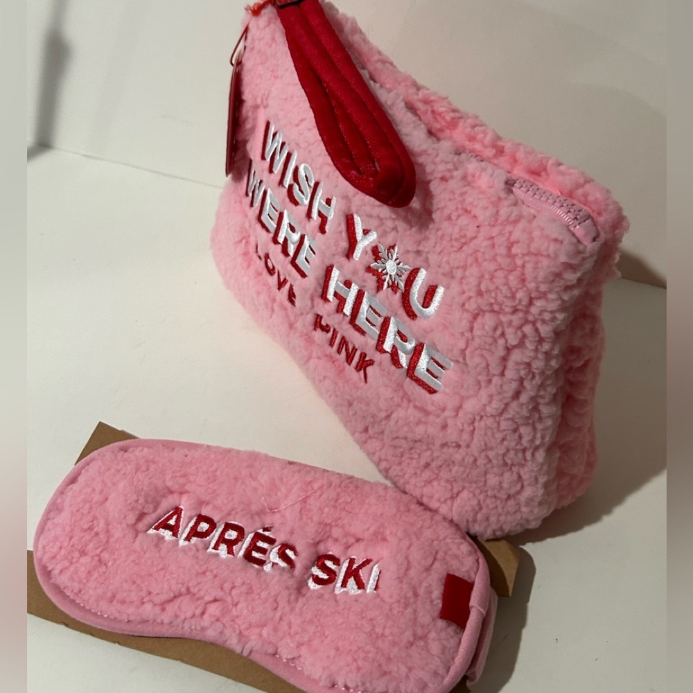 PINK Victoria’s Secret Sherpa Cosmetic Bag + Eye Mask Set NWT - Picture 5 of 8